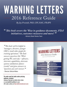 Flyer for the book "Warning Letters 2016 Reference guide" with quotes and picture of book