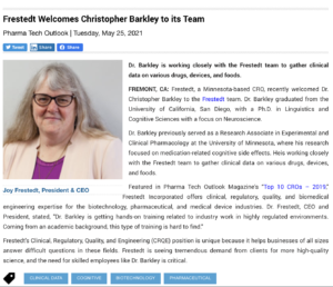screen capture of article with headline Frestedt Welcomes Christopher Barkley to its Team