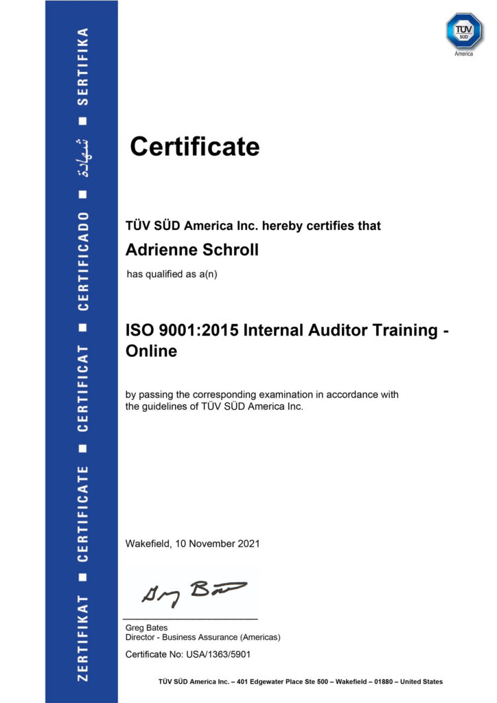 image of certificate for internal auditor training